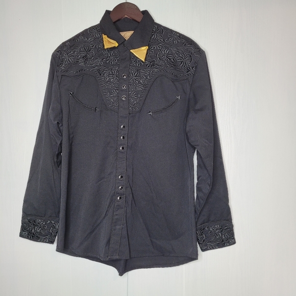VTG Scully Men Western Snaps Button Shirt Size Medium Black Embroidered Floral - Picture 13 of 16